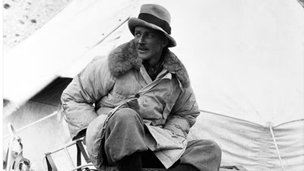 George Finch wearing the world's first puffer jacket at Everest Base Camp, 1922